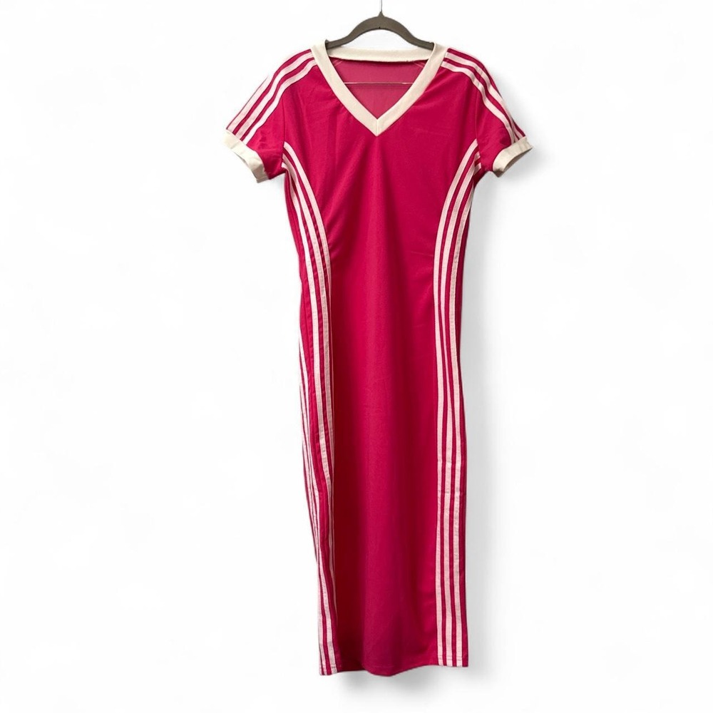 Women's V-Neck Striped Midi Dress, Color Blocked Cotton Ribbed Bodycon